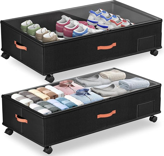 Under Bed Storage with Wheels,2-Pack Under Bed Storage Containers with Clear Lids,XXL Large Under the Bed Storage Organizer Bins With Handles,Space Saving Design for Clothes,Shoes,Books-Black