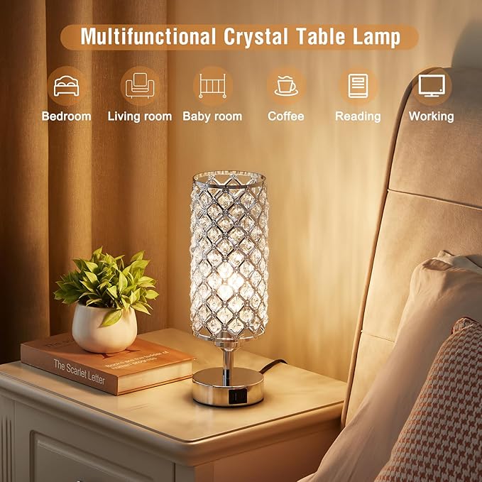 Crystal Touch Lamp with Touch Control, Sliver Table Lamp with USB-C+A Ports, 3 Way Dimmable Bedside Lamp Decorative Modern Nightstand Lamp, Bedroom Light for Living Room Side Table(Bulb Included)