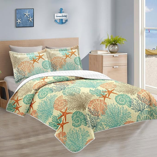 Tritard 3 Piece Coastal Quilt Sets King Size - Reversible Microfiber Quilts with 2 Shams Soft Lightweight Beach Bedding Nautical Bedspread Coverlet Summer Comforter Set for All Season, 106''x96'', C4