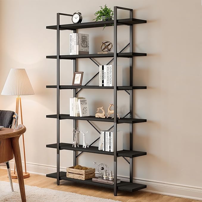 HSH 6 Tier Tall Black Bookshelf, Modern Large Storage Book Shelves & Display Book Shelf,Industrial Open Vertical Metal and Wood Black Bookcases 6 Shelf for Bedroom Living Room Office, Black Oak