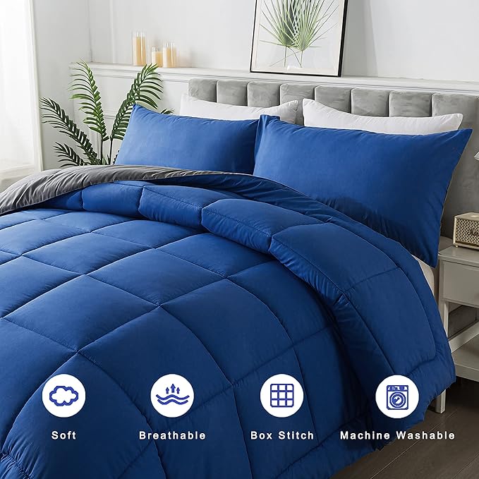 DOWNCOOL King Size Comforter Set -All Season Bedding Comforters Sets with 2 Pillow Cases -3 Pieces Bed Set Down Alternative King Bedding Set -Blue/Grey King Comforter Set(102"x90")