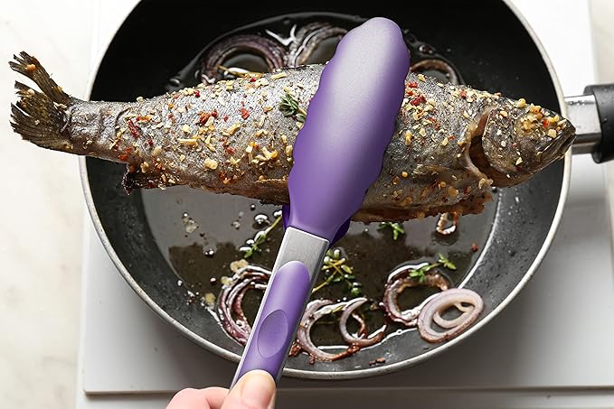Set of 2 Kitchen Tongs 9-Inch & 12-Inch, Premium Stainless Steel BPA Free Silicone Non-Stick Grilling Barbeque Cooking Locking Food Tongs, Purple