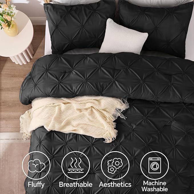 BEDELITE Black King Size Comforter Set - 3 Pieces Boho Pintuck Bedding Comforter Sets, Lightweight Soft & Warm King Bedding Set with 2 Pillowcases for All Season