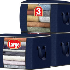 Fab totes 24 Gallons Clothes Storage, Foldable Thick Fabric Blanket Storage Bags, Containers for Organizing Bedroom, Closet, Clothing, Comforter, Organization with Handle (3 Pack,Blue)