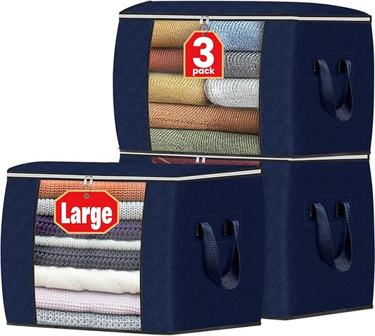 Fab totes 24 Gallons Clothes Storage, Foldable Thick Fabric Blanket Storage Bags, Containers for Organizing Bedroom, Closet, Clothing, Comforter, Organization with Handle (3 Pack,Blue)