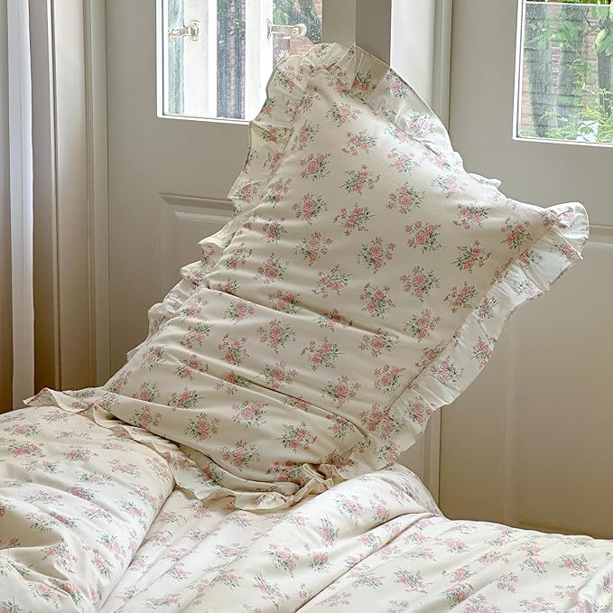 MKXI Twin XL Size Pink Floral Comforter Set - 3 Piece Ruffled Lace Bedding Set 1 Twin XL Comforter with 2 Pillowcases All Seasons, Soft Aesthetic Princess Style Floral Comforter for Girls, Women