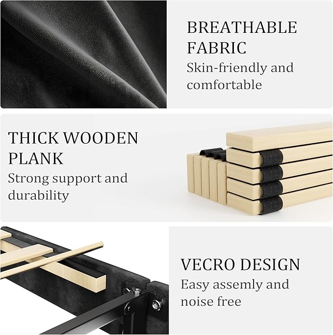 Full Size Platform Bed Frame with Geometric Upholstered Headboard, Noise Free, Wooden Slats Support, No Box Spring Needed, Easy Assembly, Dark Grey, Linen