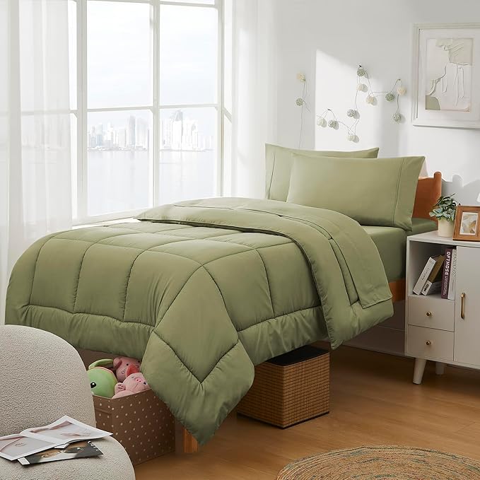 Dorm Room Essentials College Bedding Comforter Set 5 Piece Twin Size Bed in a Bag for College Students Boys and Girls, Twin, Sage Green