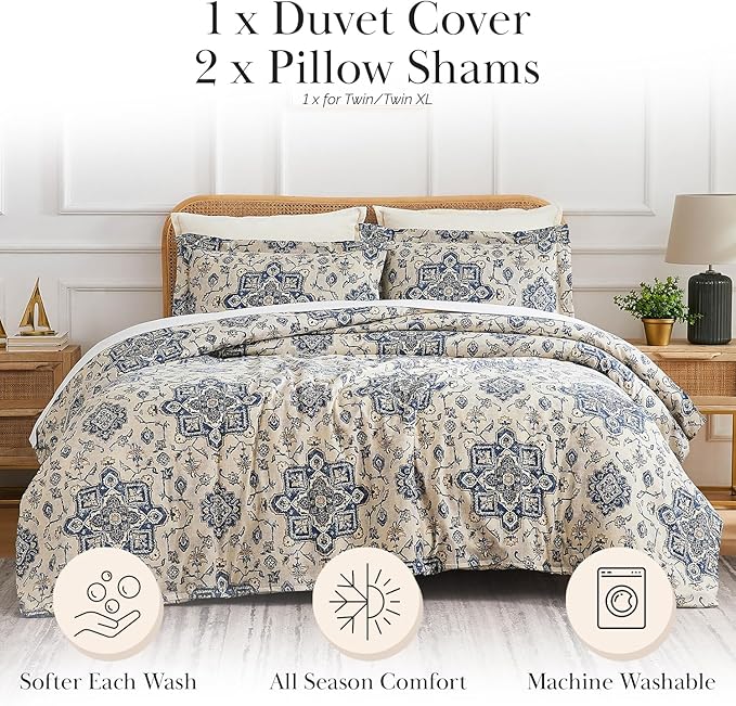 Southshore Fine Living, Inc. Persian Print Oversized Duvet Cover Set, Full/Queen – Lightweight Queen Size Bedding Set, Includes 1 Duvet Cover and 2 Pillow Shams, Stain-Resistant, Persia Indigo