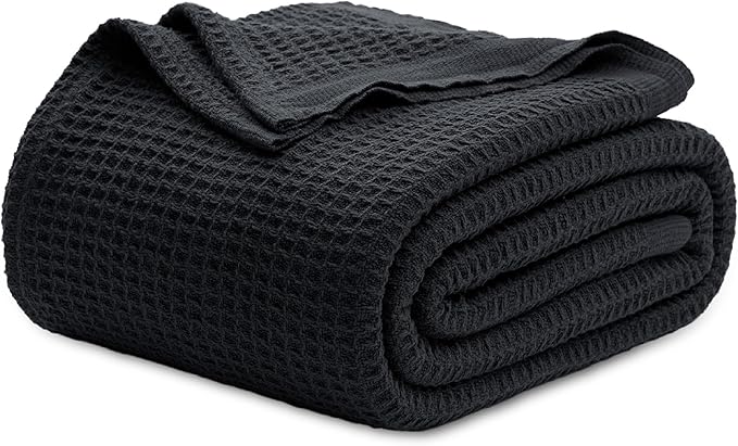 Bedsure Gentlesoft 100% Cotton Blanket King Size for Bed - Breathable and Soft, Thick Cozy Waffle Weave Christmas Blanket Gift for Women, Black, 104x90 inches