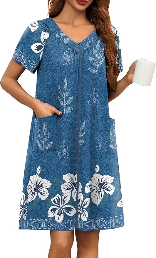 Ekouaer Women Robe Zipper Front Mumu Duster Robes Zip Up Housecoat Soft Sleepwear with Pockets