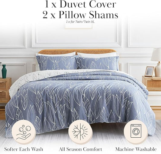 Southshore Fine Living, Inc. Oversized Cal King Duvet Cover Set, Reversible Blue Duvet Cover King Size/California Size, Botanical Hotel Quality Bedding, 2 Matching Pillow Shams - Modern Foliage Blue
