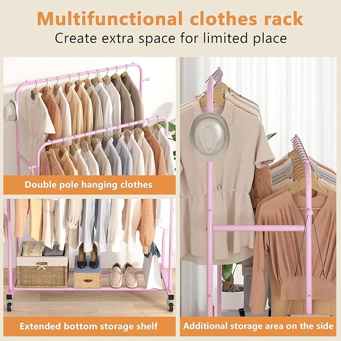 Laiensia Double Rods Garment Rack with Wheels, Clothing Rack for Hanging Clothes,4 Hooks, Multi-Functional Bedroom Clothes Rack, Pink
