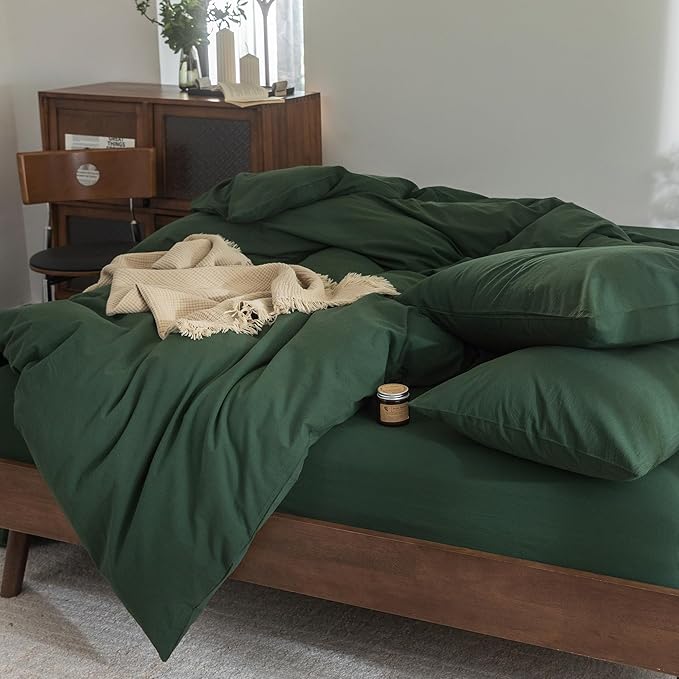 FOSSA Duvet Cover Set 100% Washed Cotton Linen Feel Super Soft Breathable Cozy 3 Pieces Bedding Sets Solid Forest Green Super Queen