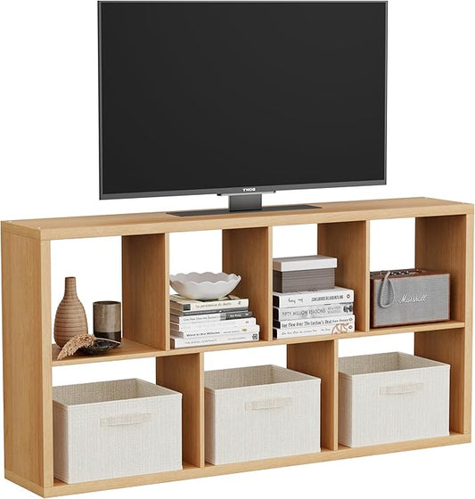 7 Cube Storage Organizer, Cube Shelf with Heavy-Duty Thick Boards, 25.12" L x 9.37" W x 48.74" H, Smooth Easy-Clean Panels, Simple Assembly, for Living Room Bedroom Office, Natural-Oak