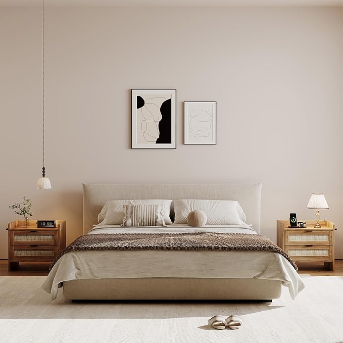 Rattan Nightstand Set of 2, Bedside Table with Type-C Charging Station - 2 Storage Drawer Space, Boho End Table Side Table for Bedroom Office, Large Night Stand with Charging Port