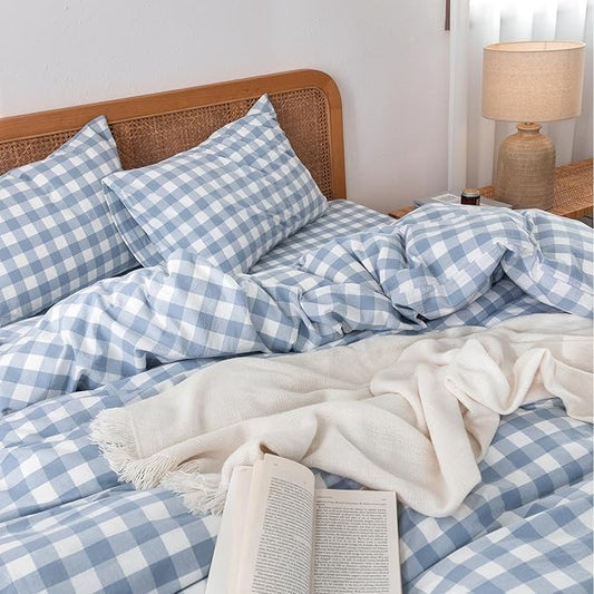 BESTOUCH Duvet Cover Set 100% Washed Cotton Linen Feel Super Soft Comfortable Chic Lightweight 3 PCs Home Bedding Set Cornflower Blue & White Grid King