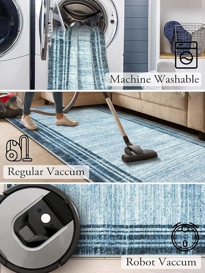 Lahome Modern Abstract Area Rug, Washable Blue 2x3 Entryway Rugs Non Skid Front Door Rug Indoor Low-Pile Kitchen Carpet, Minimalist Bordered Soft Bedroom Throw Rug for Bathroom Entry