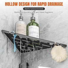 Shower Corner Shelf Organizer Rack with Hooks & Razor Hole, No Drilling Tile Shower Shelves, Rustproof Stainless Steel Bathroom Shelves Basket, Modern Corner Shelf for Bathroom, 2Pack-Black