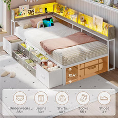 VIAGDO Corner Bed Frame with Storage Bookcase and 6 Drawers, Twin XL Metal Platform Corner Bed Frame with LED Lights and Charging Station, Twin XL Daybed for Kids Teenagers, White & Grey