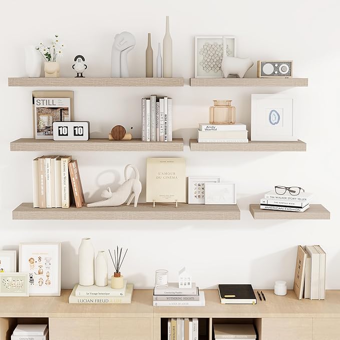 72 Inch Floating Shelves, 3D Textured Wood Grain, 72"x9.25"x1.5" Inch Deep Floating Shelves for Wall, Wooden Shelves for Bathroom, Bedroom, Living Room, Vintage White Oak, 1 Piece