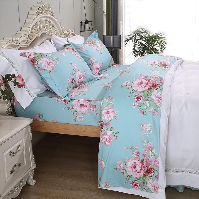 FADFAY Floral Twin XL Sheets 100% Combed Cotton Sheet Sets Pink Flowers Deep Pocket Fitted Sheets Girls Bedding Sets for All-Season (4Pcs, 1 Fitted Sheet, 1 Flat Sheet, 2 Pillowcases)