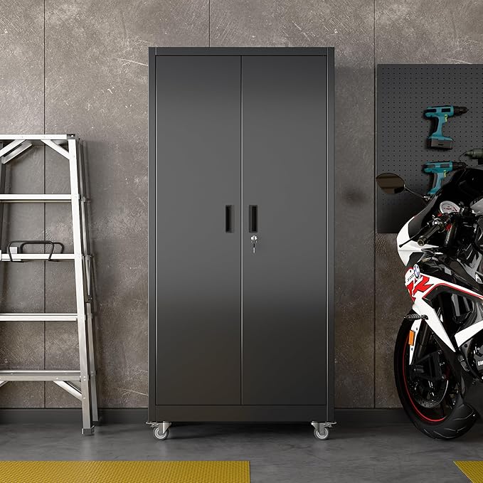 71" H×34" W×18" D Garage Storage Cabinet with Wheels, Metal Storage Cabinet with 5 Adjustable Shelves and Pegboard for Garage Home Office Utility Room,Required Assembly,Black
