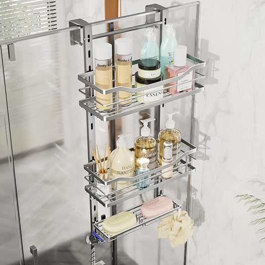 SWTYMIKI Over the Door Shower Caddy - 3 Tier Adjustable Shower Organizer Hanging with Soap Holder, No Drilling Stainless Steel Bathroom Rack Hanging for Body Wash, Shampoo, Soap, Razor, Silver