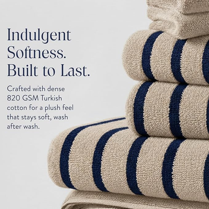 Brooklinen Super-Plush Turkish Cotton Hand Towels - Set of 2 - Cotton, 820 GSM, Highly Absorbent, Machine Washable, Perfect for Home & Bathroom (20" x 30", Striped Navy)