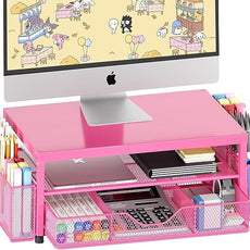 OPNICE Desk Organizer and Accessories, 2-Tier Computer Monitor Stand with Drawer and 2 Pen Holders, Laptop Stand, Office Desk Accessories for Office Supplies, Carmine Rose