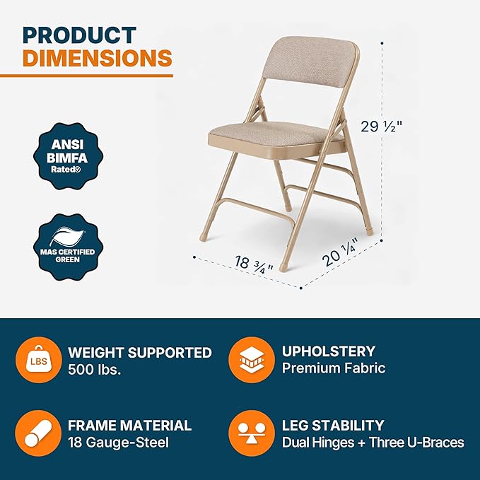 OEF Furnishings OEF2300 Series Heavy-Duty Premium Fabric Padded Upholstery Double-Hinged Triple-Braced Folding Chairs (4-Pack, French Beige)