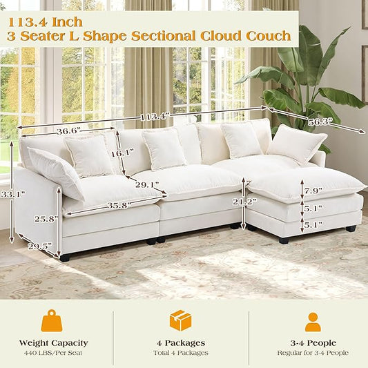 113.4" Modular Sectional Sofa,L Shaped Couch for Living Room,Modern Deep Seat Sofa 3 Seater Chenille Fabric Comfy Cloud Couches with Throw Pillows & Movable Ottoman