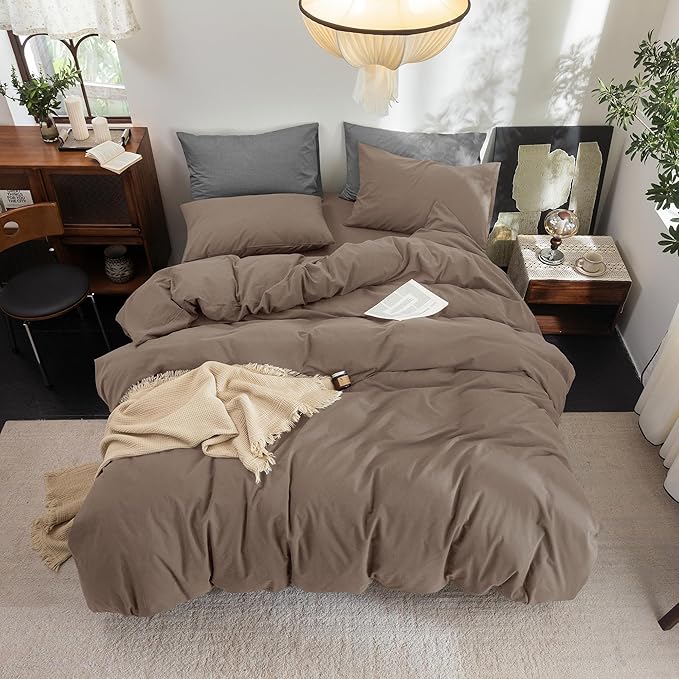 FOSSA Duvet Cover Set 100% Washed Cotton Linen Feel Super Soft Breathable Cozy 3 Pieces Bedding Sets Solid Pale Brown Full