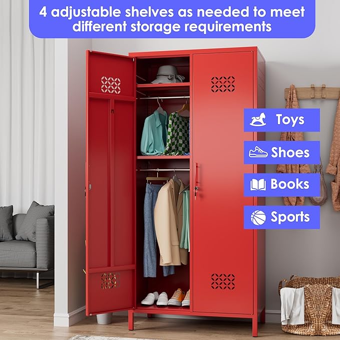 Aobabo Metal Wardrobe Cabinets with Lock, 2 Door Metal Closet with 4 Adjustable Shelves and 2 Hannging Rod, Lockable Locker Cabinet, Storage Locker for Home, Office,Red, Assembly Required