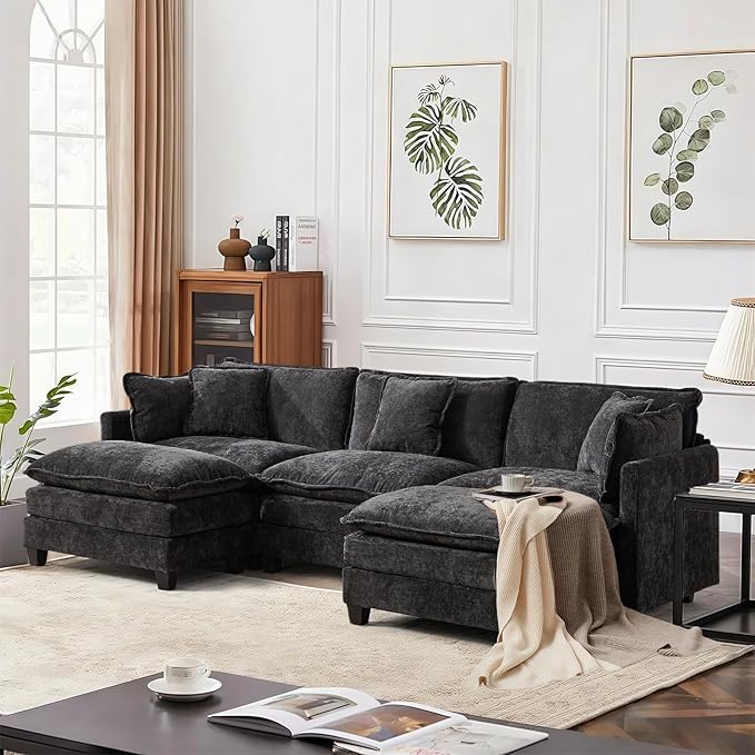 SoarFlash 113.78" Chenille Sectional Sofa, Comfy U Shaped Modular Coush Sofa with Ottoman, Modern 4 Seat Couch Deep Seat Sofa Set for Living Room,Black