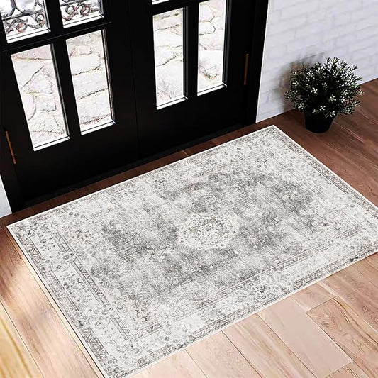 Washable Area Rug 2'x3' Door Mat Vintage Distressed Doormat Indoor Entrance Traditional Thin Rug Floral Print Non Slip Carpet for Kitchen Bathroom Bedroom Living Room