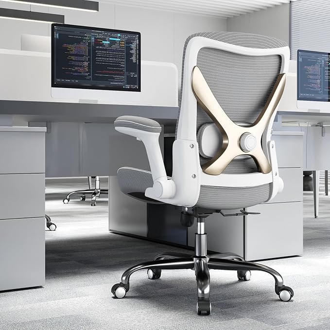 Office Home Ergonomic Desk Chair-Computer X-Shaped Chair Mesh PU Leather with Adjustable Lumbar Support-Executive Chair High Back Flip-Up Arms for Long Hours (Grey-No Headrest)