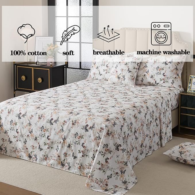 FADFAY Butterfly Sheets Watercolor Floral Bed Sheets Set Vintage Botanical Bedding Shabby Rustic Leaves Bedding Collections 100% Percale Cotton Breathable Soft Deep Pocket 4Pcs, California King Size