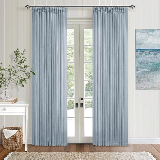 Dusty Blue Pinch Pleated Linen Curtains 84 Inches Long 2 Panels Set for Living Room Dining Pinch Pleat Back Tab Light Filtering Boho Coastal Window Curtain Drapes 84 Inch Length Light Sky Blue