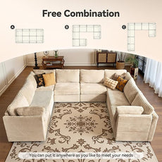 Large 8 Seat Modular Sectional Sofa with Ottoman Seat Corduroy Sleeper Sectional Sofa Bed Oversized Convertible Modular Couch for Living Room