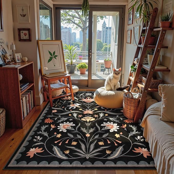 Lahome Boho Floral Washable Black 5x7 Area Rugs for Living Room, Non Slip Rugs for Bedroom Entryway, Indoor Ultra-Thin Throw Dining Room Carpet for Under Table Kitchen Dorm(Black,5x7)