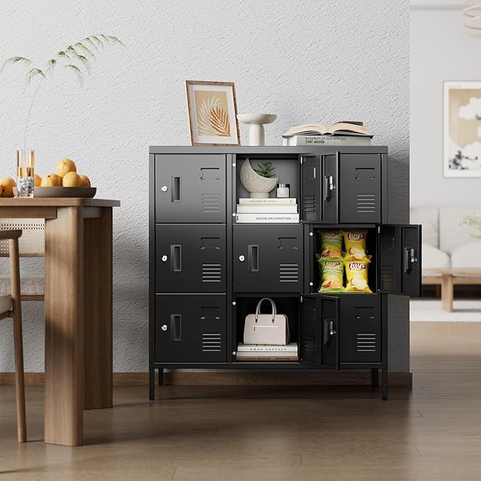 Aobabo 9 Doors Steel Storage Locker Cabinet for Employees, Metal Locker for School Office Gym Bedroom, Industrial Storage, Black, Assembly Required