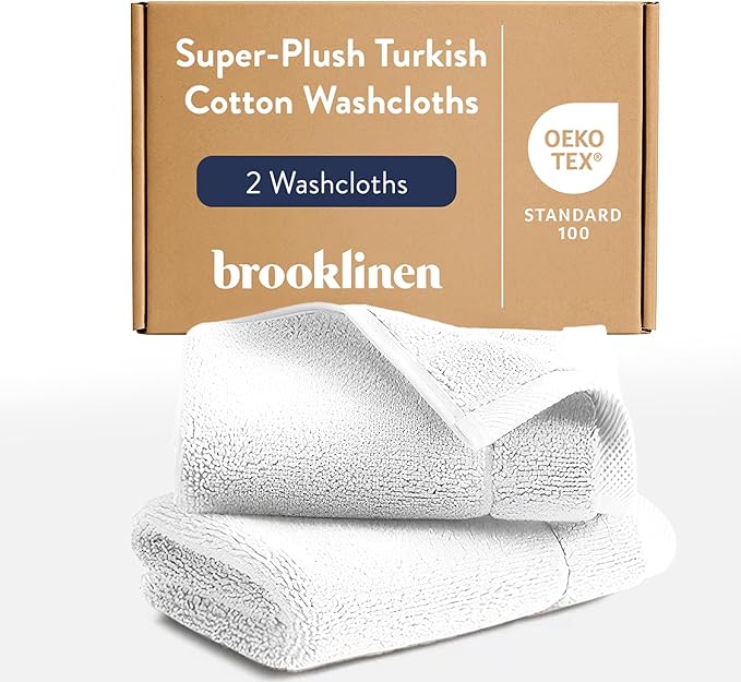 Brooklinen Super-Plush Turkish Cotton Washcloths - Set of 2 - Cotton, 820 GSM, Highly Absorbent, Machine Washable, Perfect for Home & Bathroom (13" x 13", Solid White)