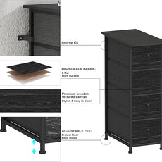 GiftGo Narrow Dresser Vertical Slim Dresser Chest of Drawers Skinny Storage Tower for Small Spaces Gaps Closet Bedroom Bathroom Small Fabric Drawer Unit (Charcoal Black, 4 Drawers)