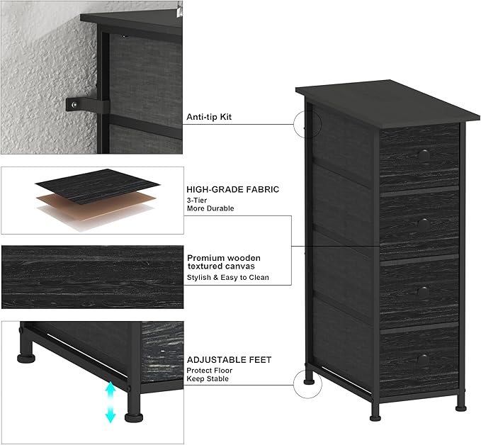 GiftGo Narrow Dresser Vertical Slim Dresser Chest of Drawers Skinny Storage Tower for Small Spaces Gaps Closet Bedroom Bathroom Small Fabric Drawer Unit (Charcoal Black, 4 Drawers)