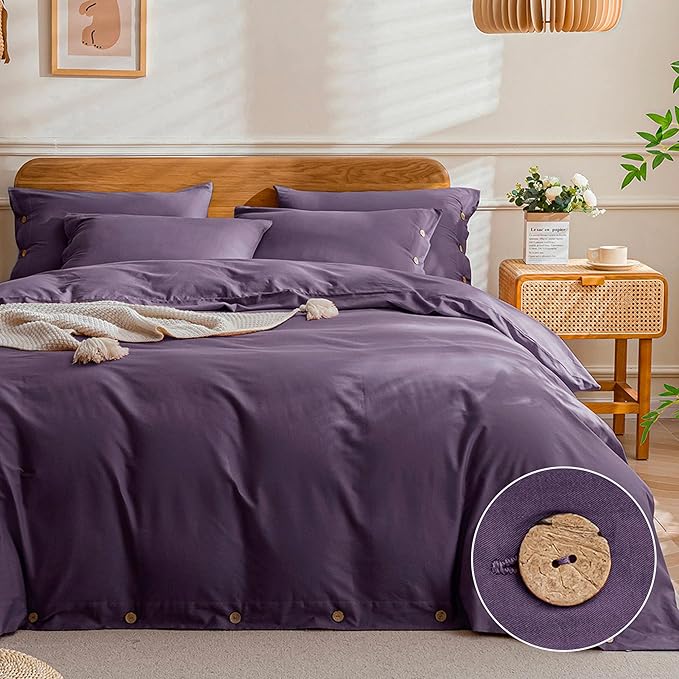 JELLYMONI Cotton Duvet Cover Full Size - Purple Comforter Cover with Button 100% Washed Cotton 3PCS Breathable Soft Solid Bedding Set Duvet Cover 80×90in & 2 Pillowcases (NO Comforter)