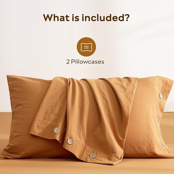 JELLYMONI 100% Washed Cotton King Pillowcases Set, 2 Pack Linen-Like Texture Breathable Pillow Covers with Button Closure,Amber Orange King 20"×36"(Pillows are not Included)