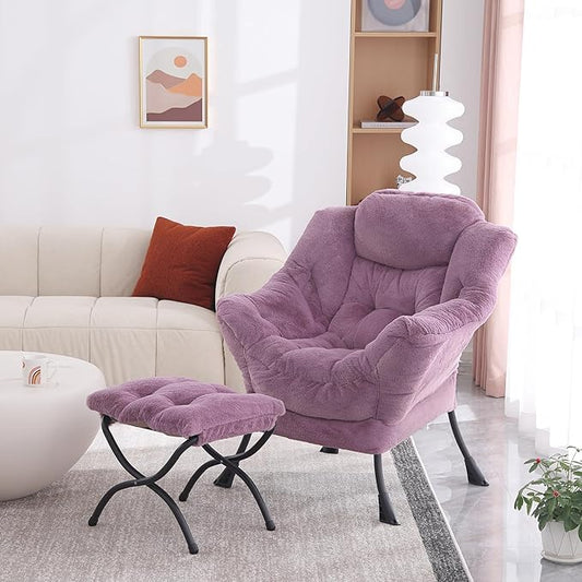 Lazy Chair with Ottoman, Modern Accent Lounge Armchair with Side Pocket & Foldable Footstool, Leisure Reading Chair for Living Room, Bedroom, Dorm & Office, Plush Purple