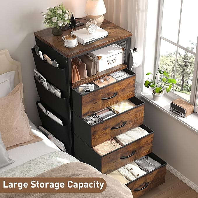 EnHomee Nightstand Set of 2, Night Stand with Charging Station & LED, Bedside Table with Fabric Drawers and Storage Shelf, Sturdy Steel Frame, Wood Top, Cloth Bags, Hooks, Brown