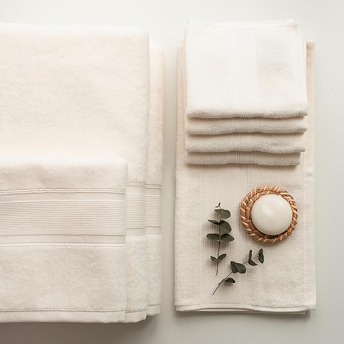 Luzia 8 Piece Bathroom Towel Set - 100% Turkish Cotton, Premium Quality - 2 Bath Towels 2 Hand Towels and 4 Washcloths (Ivory)